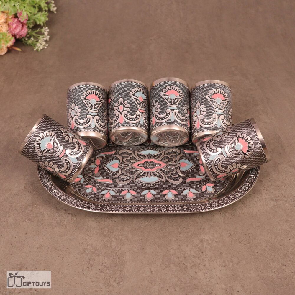 Meenakari Steel Tray Set with 6 Matching Glasses – 250ml | Traditional Serving Set – 12 X 8.5 Inch Tray - Image 2