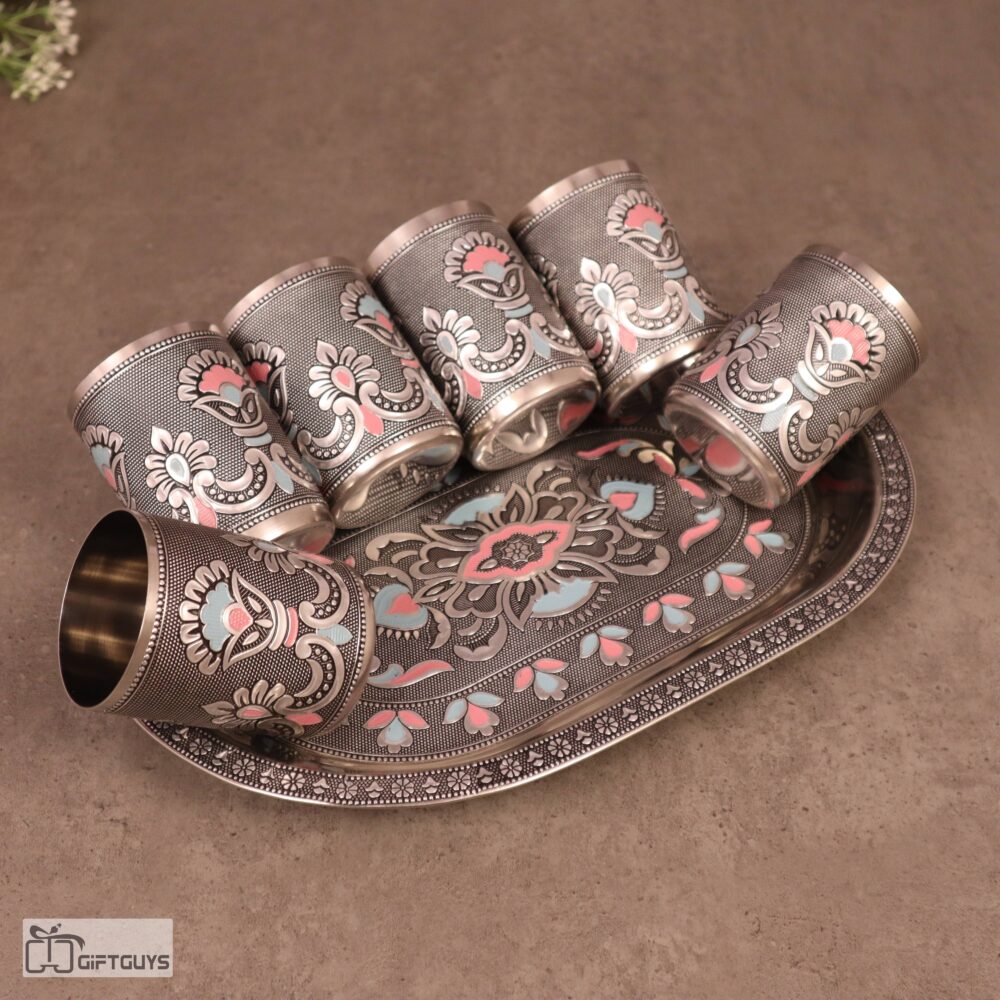 Meenakari Steel Tray Set with 6 Matching Glasses – 250ml | Traditional Serving Set – 12 X 8.5 Inch Tray - Image 6
