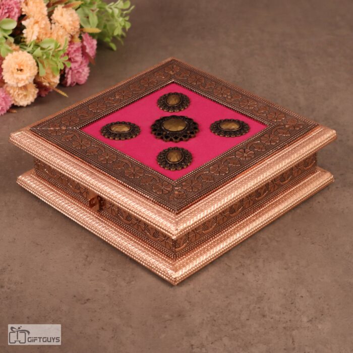 Elegant Oxidised 4-Compartment Wooden Dry Fruit Box – 8×8 Inch