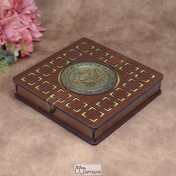 Wooden Peacock Dry Fruit Box – 10X10 inch | 4 Compartments Decorative Gift Box