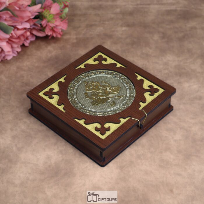 Wooden Ganesha Dry Fruit Box – 8x8 inch | 4 Compartments Decorative Gift Box