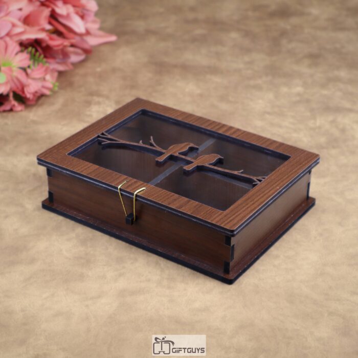 Wooden Organizer Box with Glass Lid - 8 x 6 Inch | Bird Design | 4 Compartment Storage