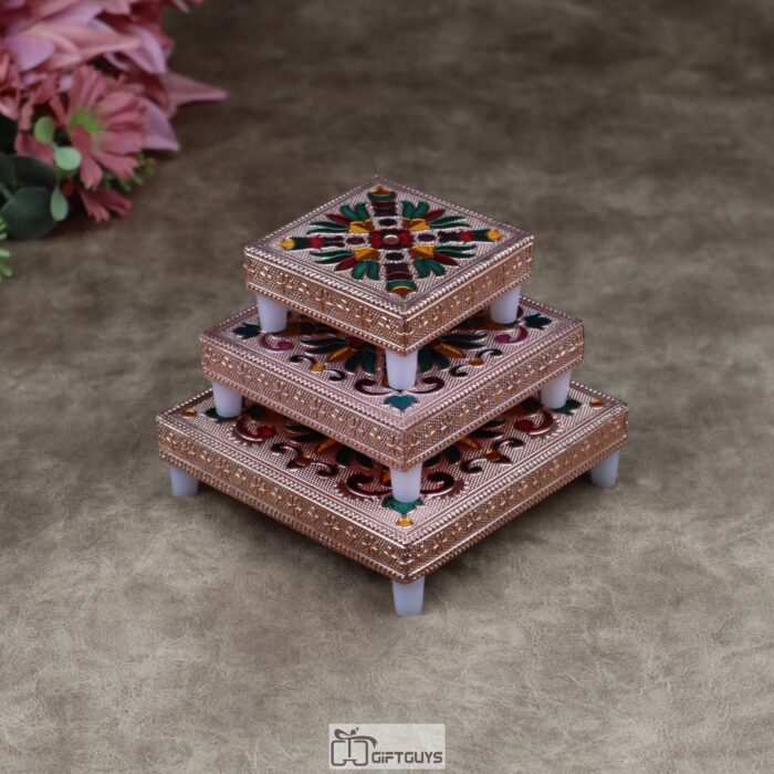 Handcrafted Meenakari Wooden Puja Chowki Set of 3 – 3x3, 4x4, 5x5 Inch for Home Mandir