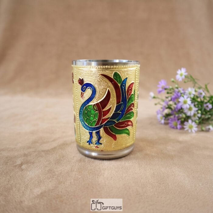 Elegant Golden Meenakari Steel Glass – 250ml | Ethnic Kitchen Drinkware