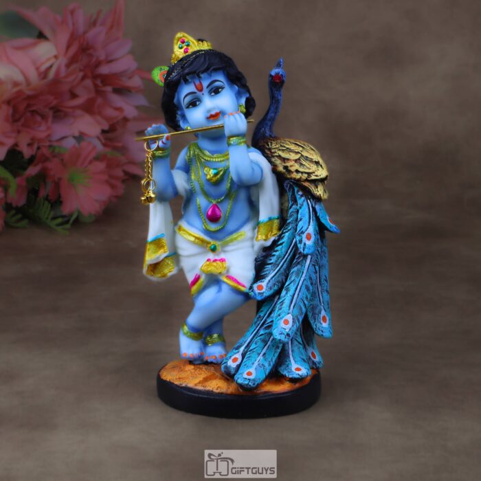 Lord Krishna Peacock Idol, Hindu God Statue, Colorful Krishna Figurine, Spiritual Home Decor, Divine Gift.