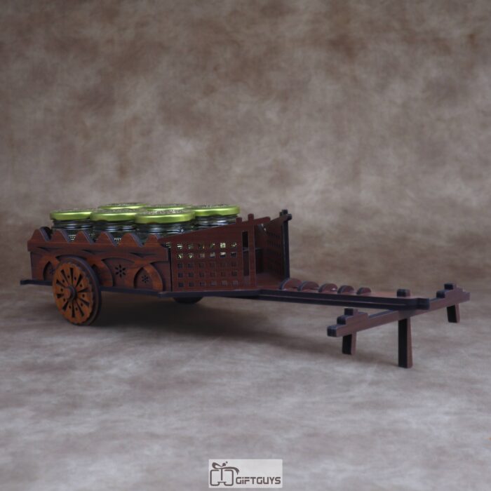 Traditional Wooden Cart Dry Fruit/Spice Serving Set with 6 Designer Glass Jars | Decorative Table Showpiece Gift