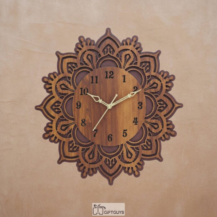 15.5 Inch Wooden Mandala Wall Clock | Layered Carved Wood Design | Silent Non-Ticking Home Decor Clock