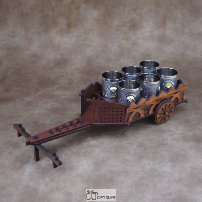 Traditional Wooden Bullock Cart Serving Tray with 6 Designer Stainless Steel Glasses | Ethnic Barware Gift