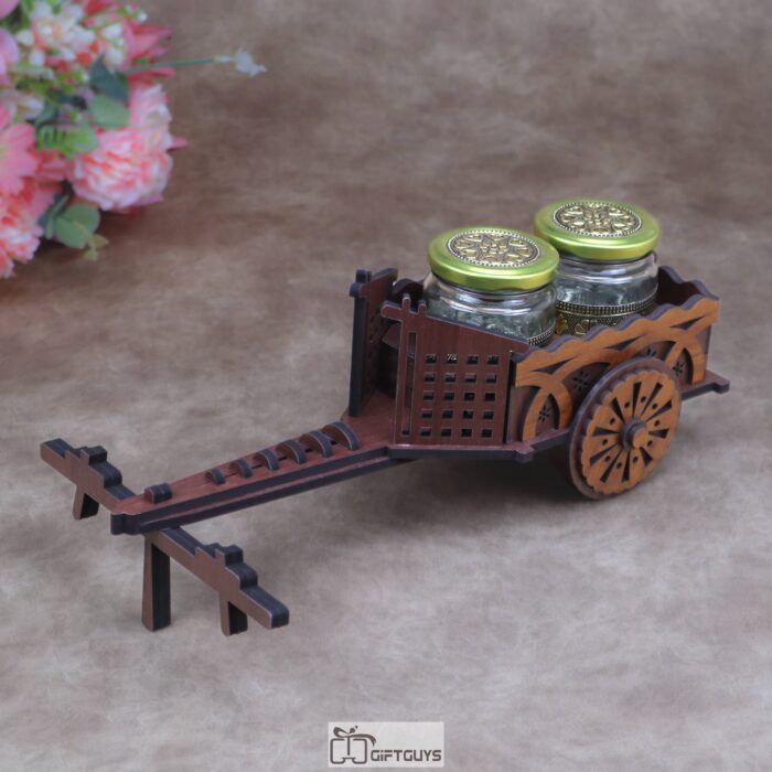 Wooden Cart Dry Fruit/Condiment Serving Set with 2 Designer Glass Jars | Decorative Kitchen Gift