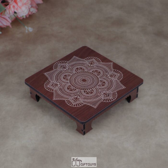 Wooden Engraved Mandala Chowki (Dark Wood) | Traditional Decorative Display Riser Platform