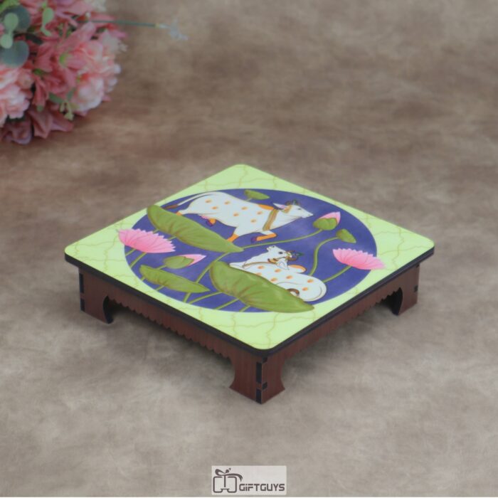 Wooden Printed Pichwai Cow & Lotus Chowki (Small) | Auspicious Decorative Puja Platform