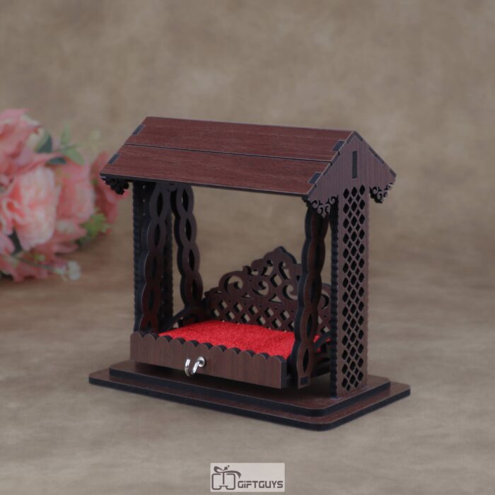 Wooden Engraved Laddu Gopal Jhula / Onjal | Miniature Devotional Swing for Krishna Idol | Janmashtami Decor Gift