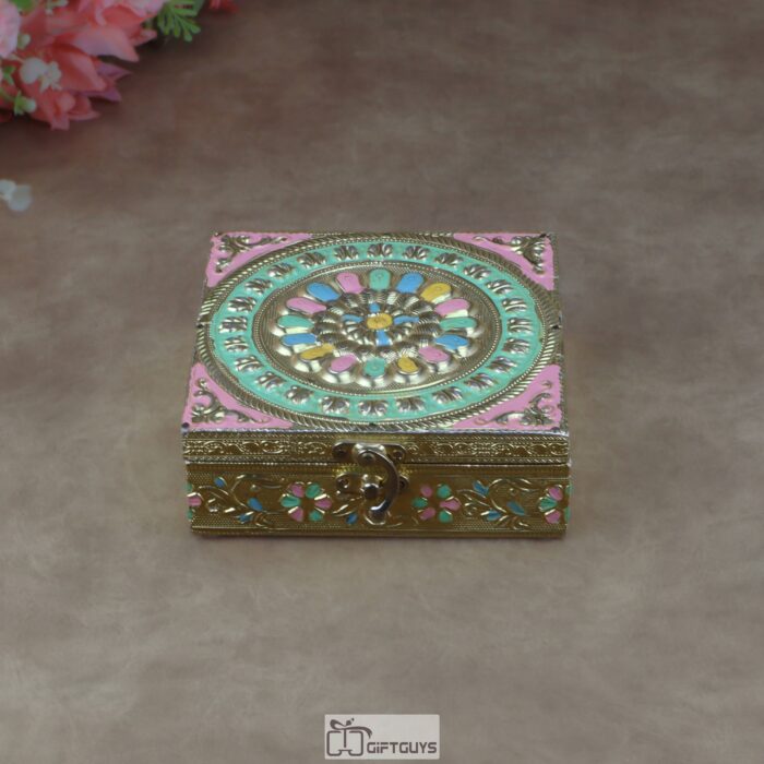 Handcrafted Wooden Meenakari Jewelry Box - 5.5" Square Decorative Keepsake Organizer with Red Velvet Lining