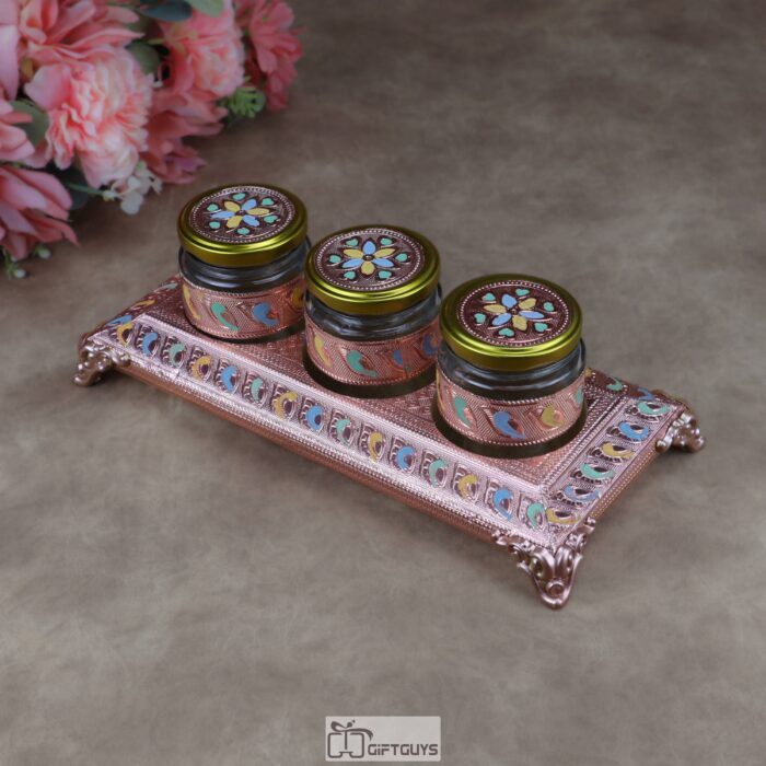 Traditional Rose-Gold Meenakari Wooden Serving Tray with 3 Glass Jars | Designer Dry Fruit & Mukhwas Organizer Set | Luxury Indian Festive Gift