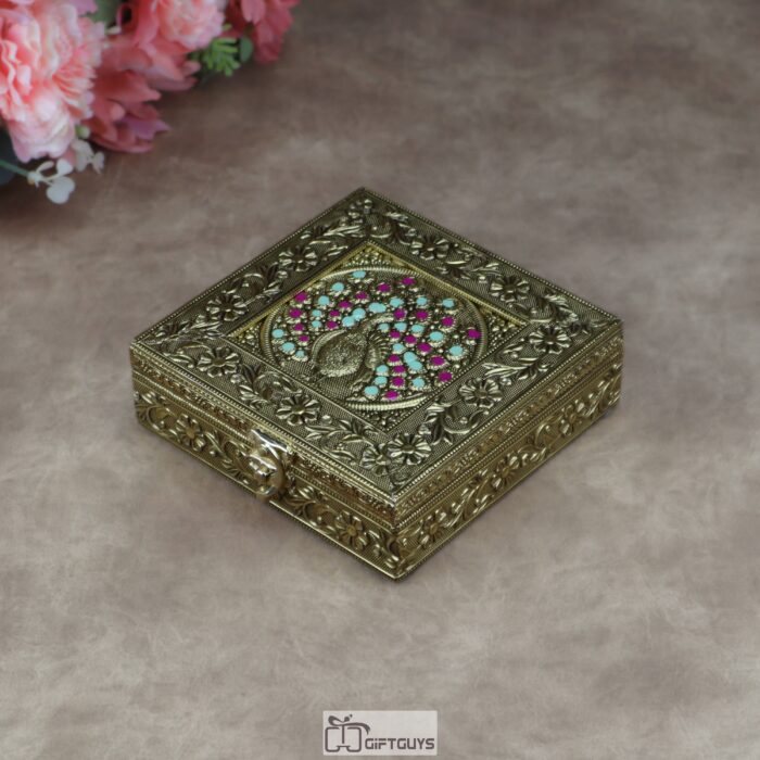 6-inch Antique Gold Oxidised Peacock Jewelry Box | Traditional Metal Embossed Gift Box | Luxury Dry Fruit & Keepsake Organizer