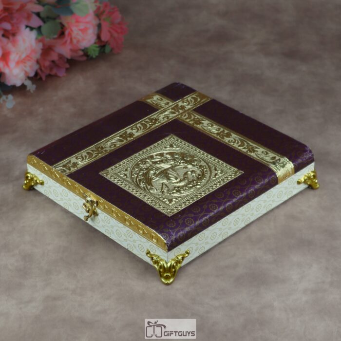 Premium 12x12" Wooden Dry Fruit Box - 6-Compartment Luxury Purple & Ivory Festive Gift Box with Decorative Gold Feet