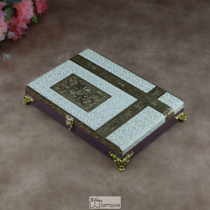 Premium 12x8" Wooden Dry Fruit Box - 6-Compartment Luxury Purple & Ivory Festive Gift Box with Decorative Gold Feet