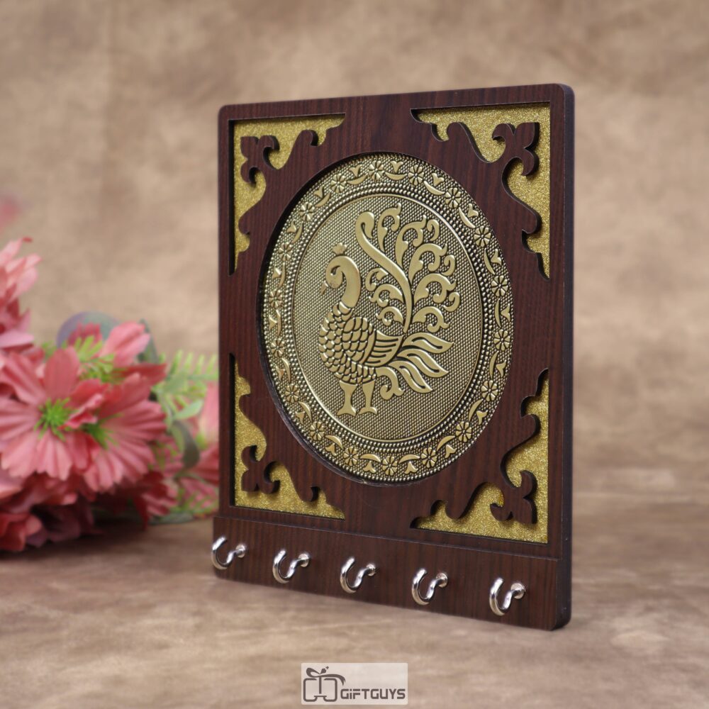 wooden peacock decorative key hanger with 6 hooks wall mount