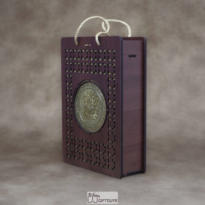 Premium Oxidized Finish Stainless Steel Water Bottle and 3-Glass Set in Handcrafted Laser-Cut MDF Gift Box - Traditional Peacock Edition