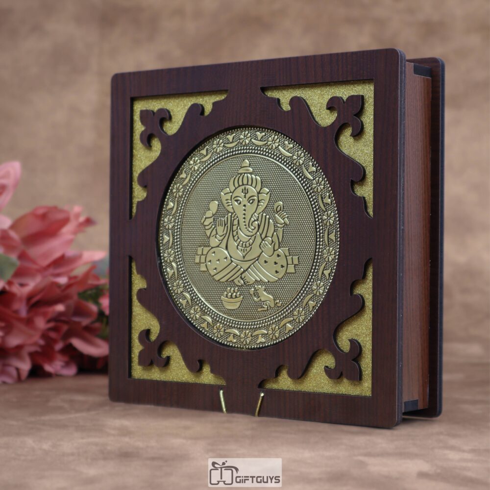 Wooden Ganesha dry fruit box 8x8 inch handcrafted decorative wooden gift box with 4 compartments ideal for wedding return gifts festive gifting anniversary and housewarming occasions in India.
