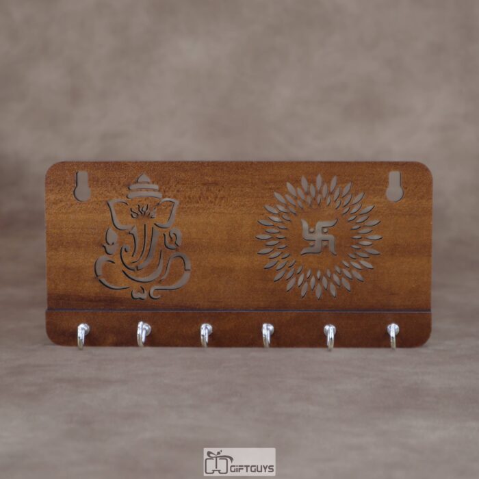 Premium Laser-Cut Wooden MDF Key Holder for Wall - Ganesha & Swastik Traditional Decorative Key Hanger