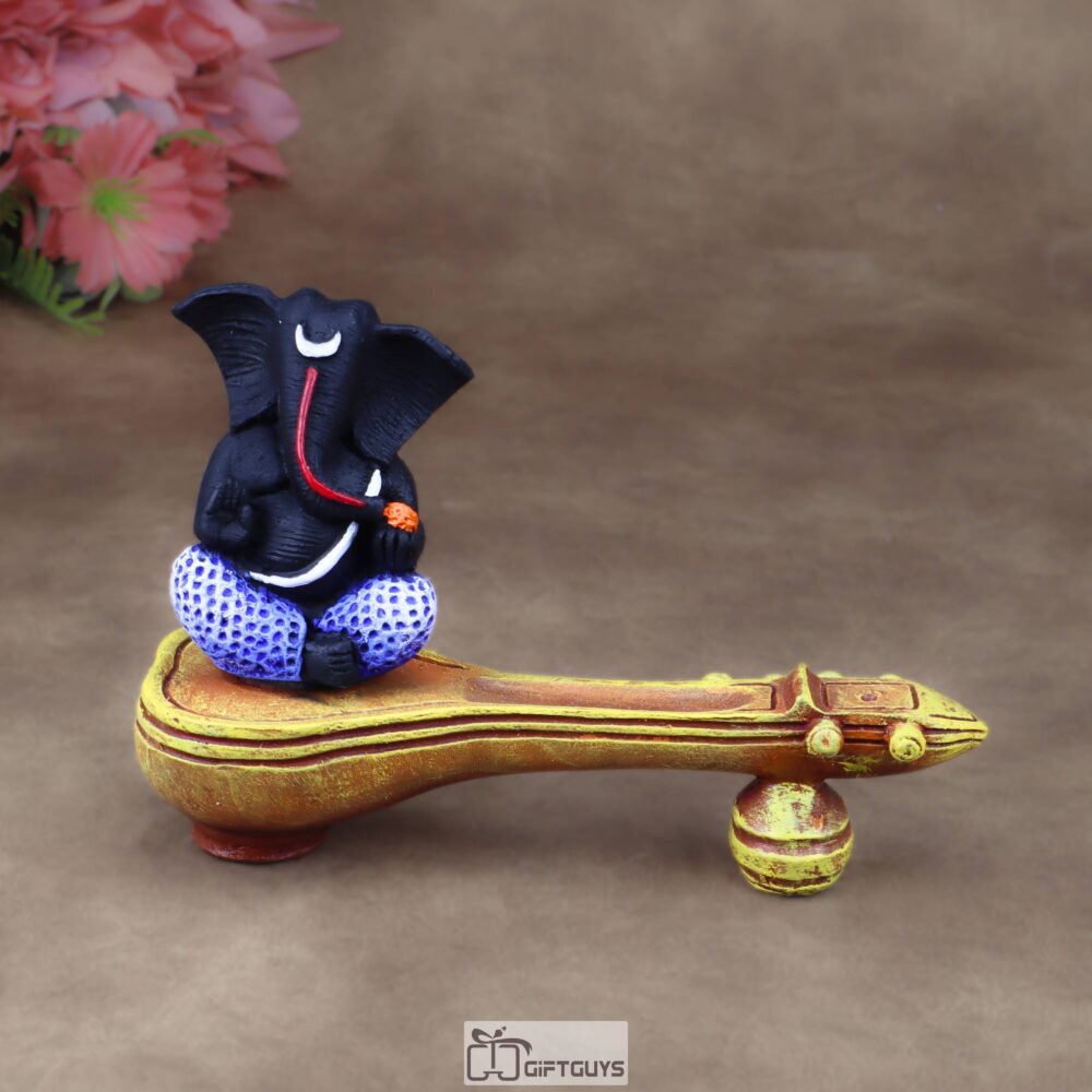 black Ganpati murti Ganesha with Veena statue unique Ganesh idols musical Hindu god figurine decorative spiritual showpiece