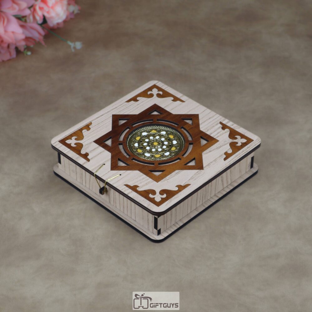 Traditional wooden dry fruit box with 4 compartments laser cut wooden handicraft item for festive gifting, wooden art and craft box ideal gift for new office opening in India.