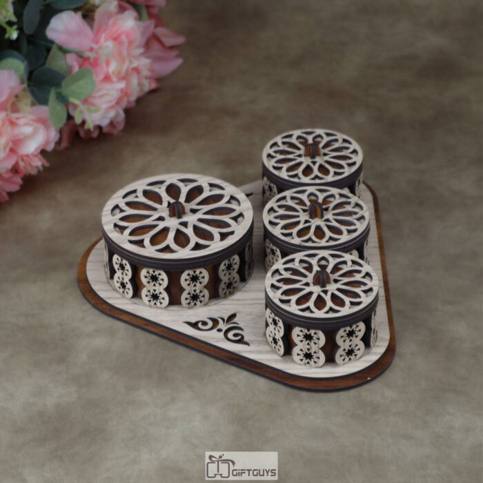 Premium Handcrafted Wooden MDF Dry Fruit Box - 4-Container Laser-Cut Decorative Serving Tray & Organizer
