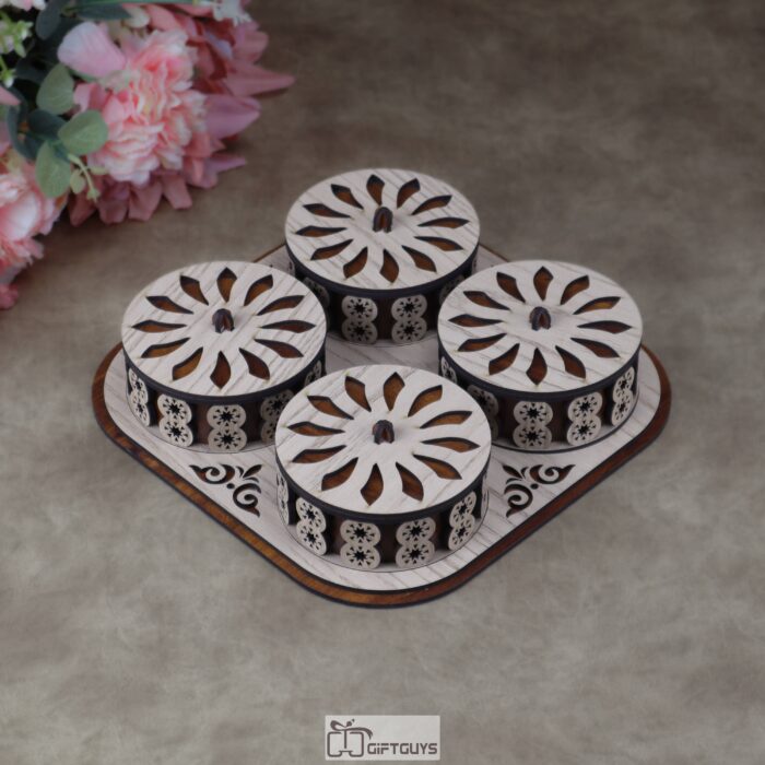 Premium Handcrafted Wooden MDF Dry Fruit Box - 4-Container Designer Laser-Cut Serving Set for Home Decor & Gifting
