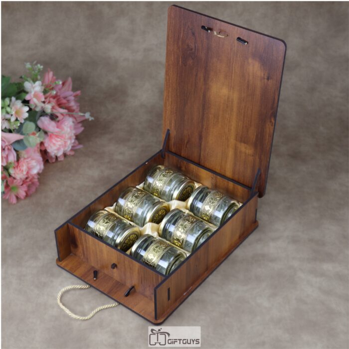 Premium Handcrafted Wooden Gift Box with 6 Oxidized Glass Jars – Designer Peacock Motif Dry Fruit & Spice Storage Set