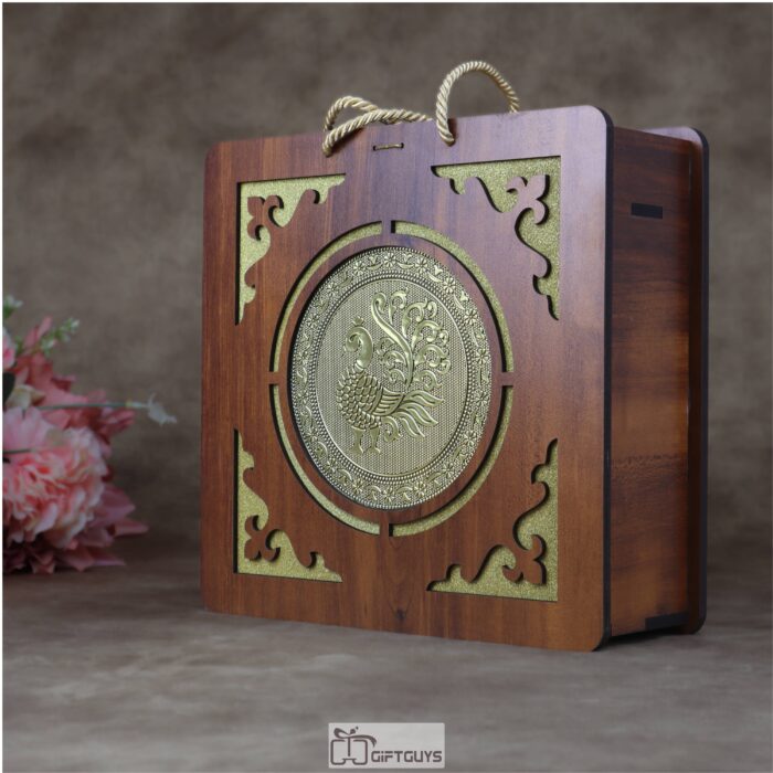 Premium Handcrafted Wooden Gift Box with 4 Oxidized Glass Jars – Designer Peacock Motif Luxury Serving & Storage Set