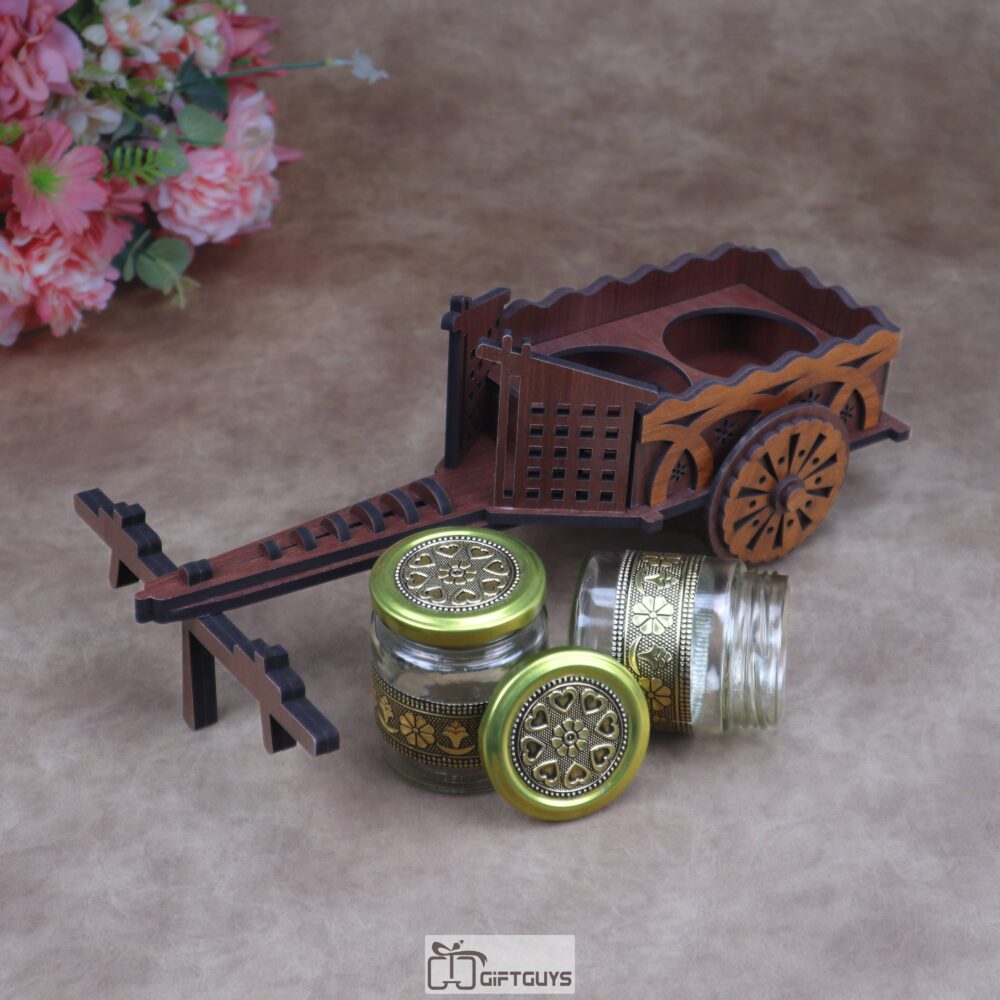 wooden cart dry fruit and condiment serving set with 2 designer glass jars antique showpiece vintage wedding gifts useful gifts under 1000