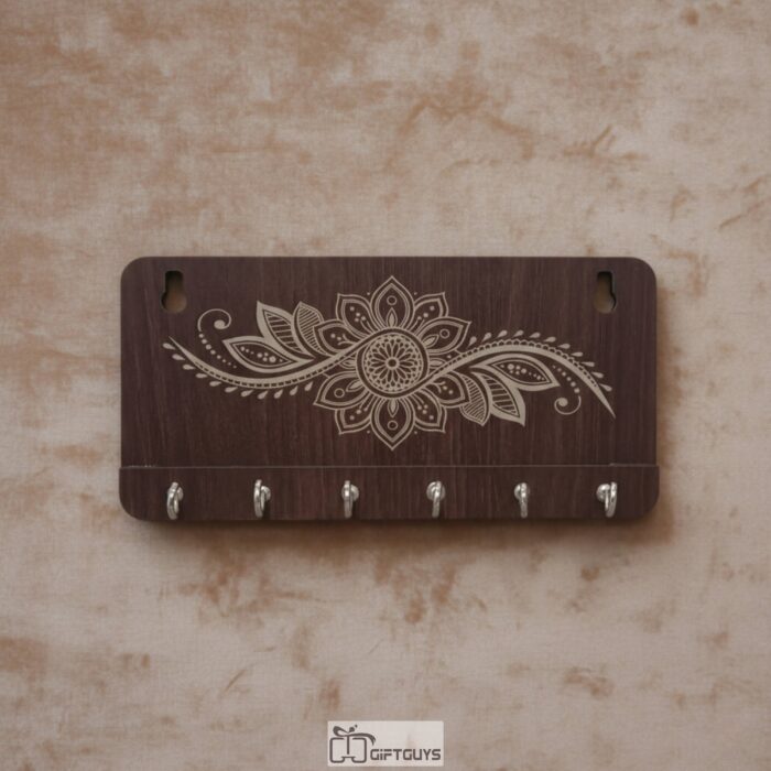 Premium Laser-Engraved Wooden MDF Key Holder for Wall - Floral Mandala Design Decorative Key Hanger