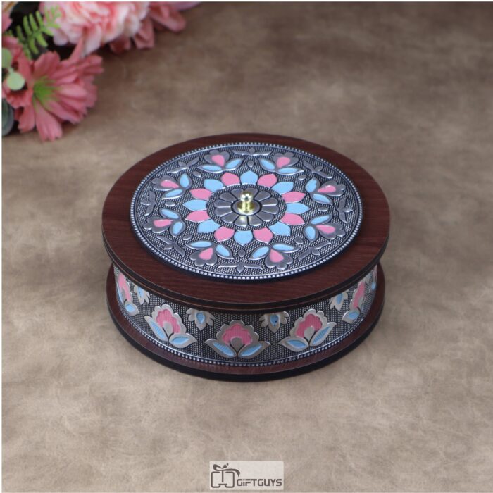 Premium Handcrafted Circular Wooden MDF Utility Box - Meenakari Inspired Decorative Storage Case (6 x 2 Inch)