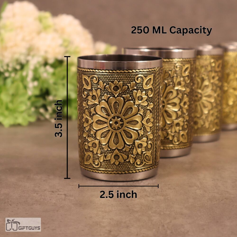 decorative gold oxidised steel glass set floral design water glass set premium gift idea