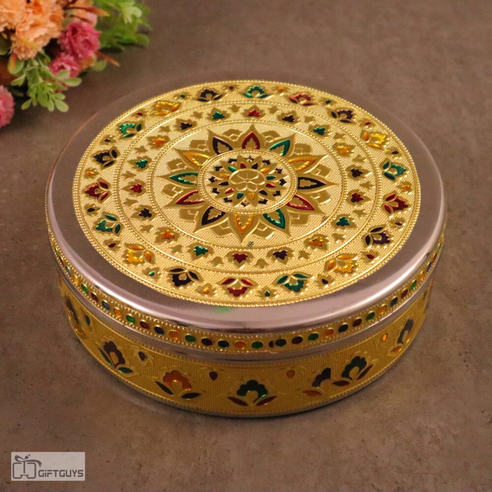 golden meenakari steel dabba multicolor enamel decorative meenakari steel containers elegant steel box for gift wedding return gifts under 1000