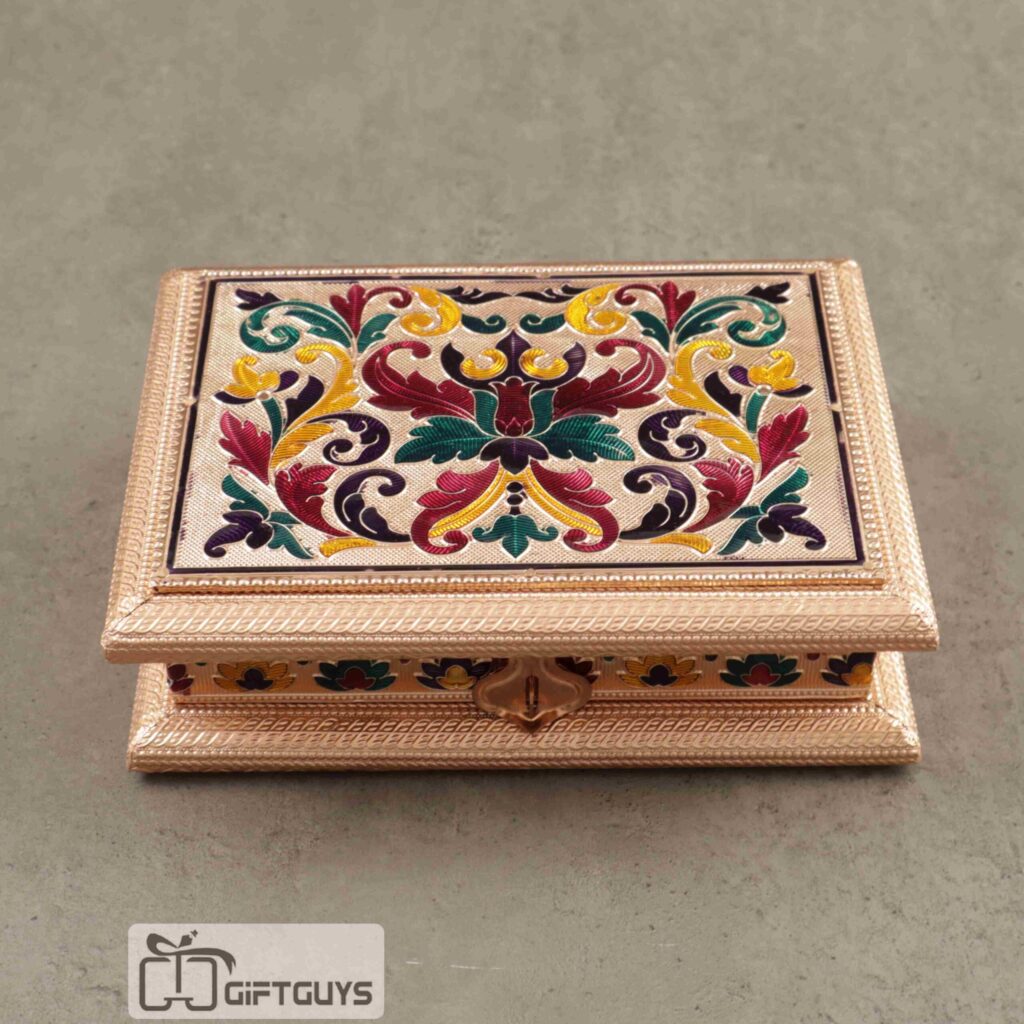 copper meenakari decorative dry fruit box from Giftguys.in elegant dry fruit packaging box ideal for empty dry fruit boxes use, festive gifting and gifts for women under 500 with traditional design