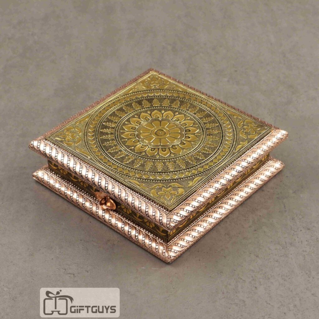Golden oxidised wooden dry fruit box with floral design 8x8 inch - premium sustainable gift box from Giftguys.in