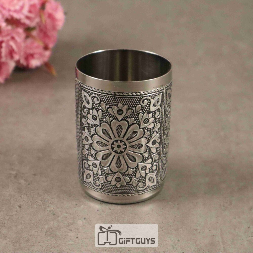Silver oxidised stainless steel drinking glass traditional design – durable glass steel best drinking glass for daily use and gifting drinking glasses collection from Giftguys.in