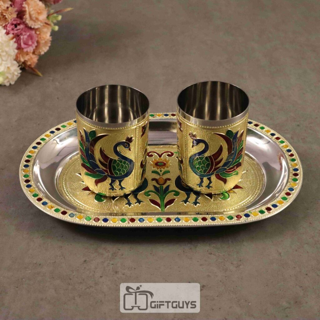 traditional meenakari tray set stainless steel serving tray with two glasses decorative tray for gifting festive return gifts
