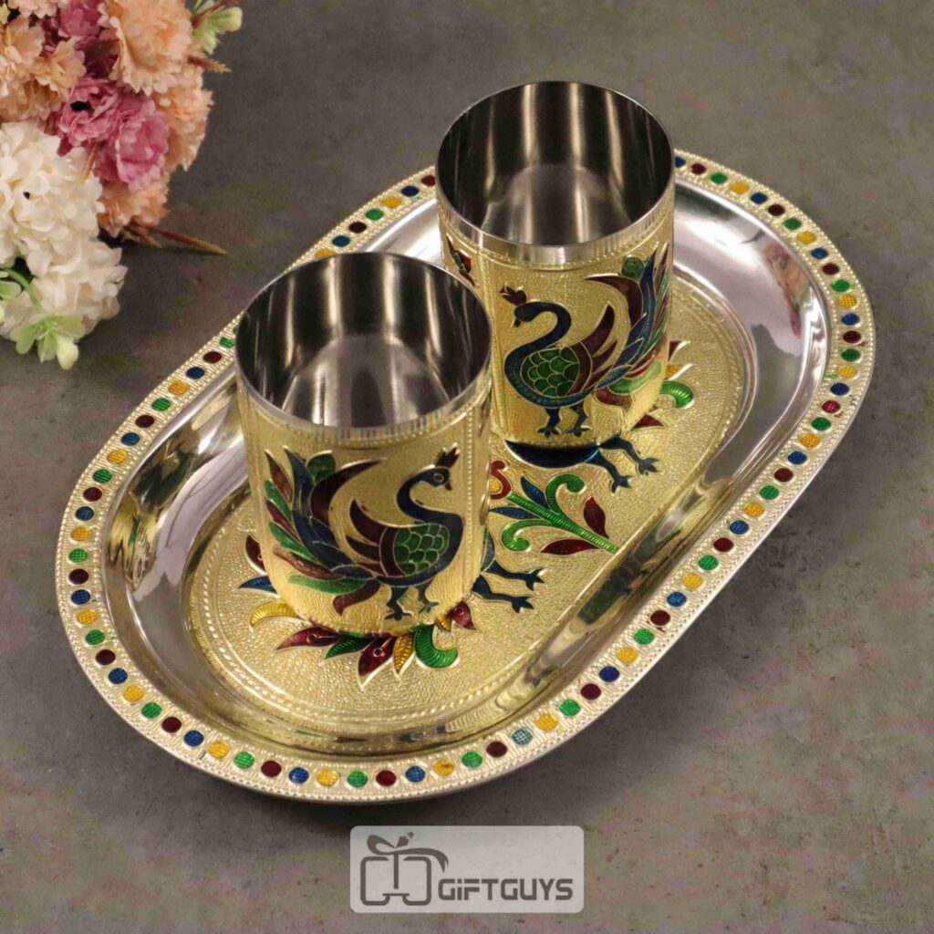 meenakari stainless steel serving tray with 2 glass set from Giftguys.in elegant tray set for serving platters and trays, stylish kitchen decoration accessories for gifting and home serving use