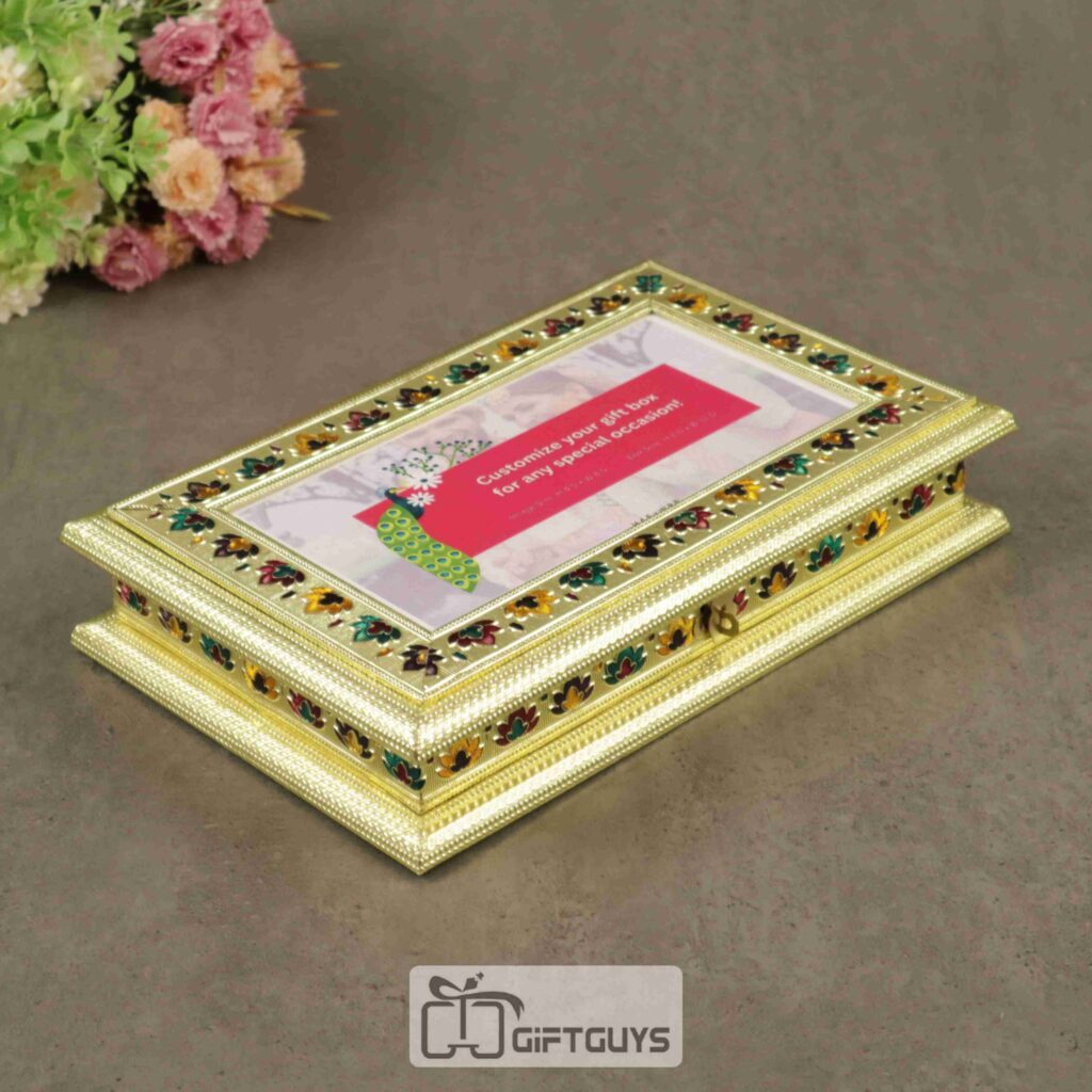 Customized wooden meenakari photo dry fruit box 12x8 inch personalized dry fruit packaging box for wedding return gifts and unique corporate gifting in India.