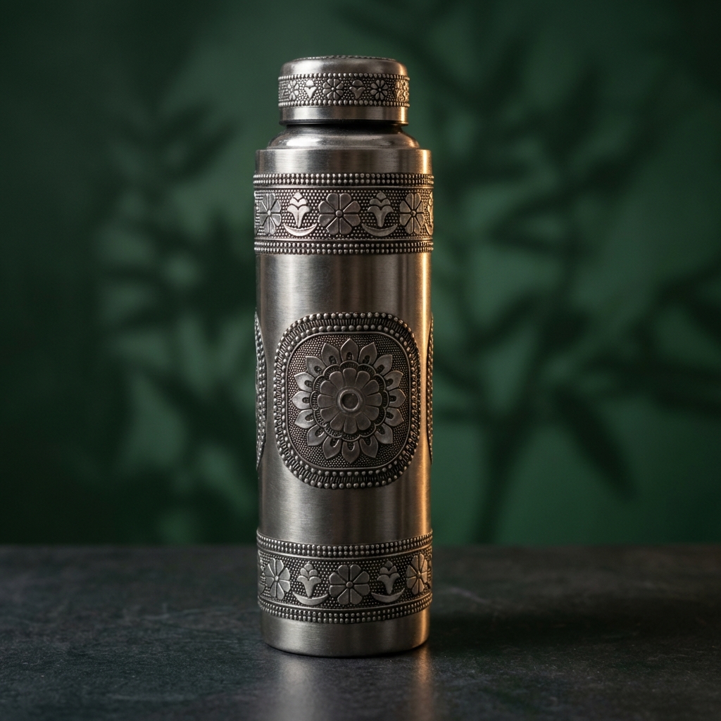 Oxidised stainless steel water bottle with floral meenakari design for gifting
