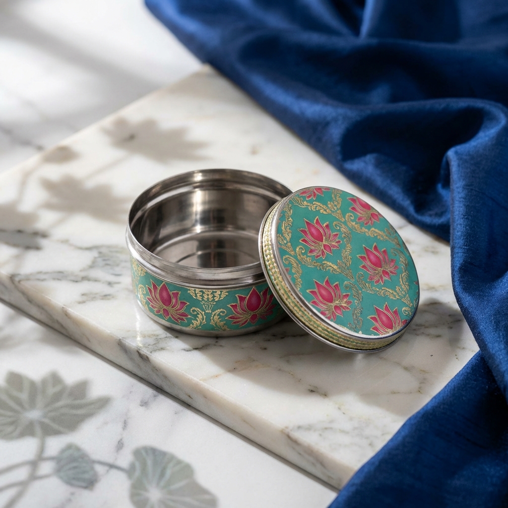 Pichwai stainless steel box with traditional Indian artwork design, decorative pichwai gift steel item for elegant and meaningful gifting
