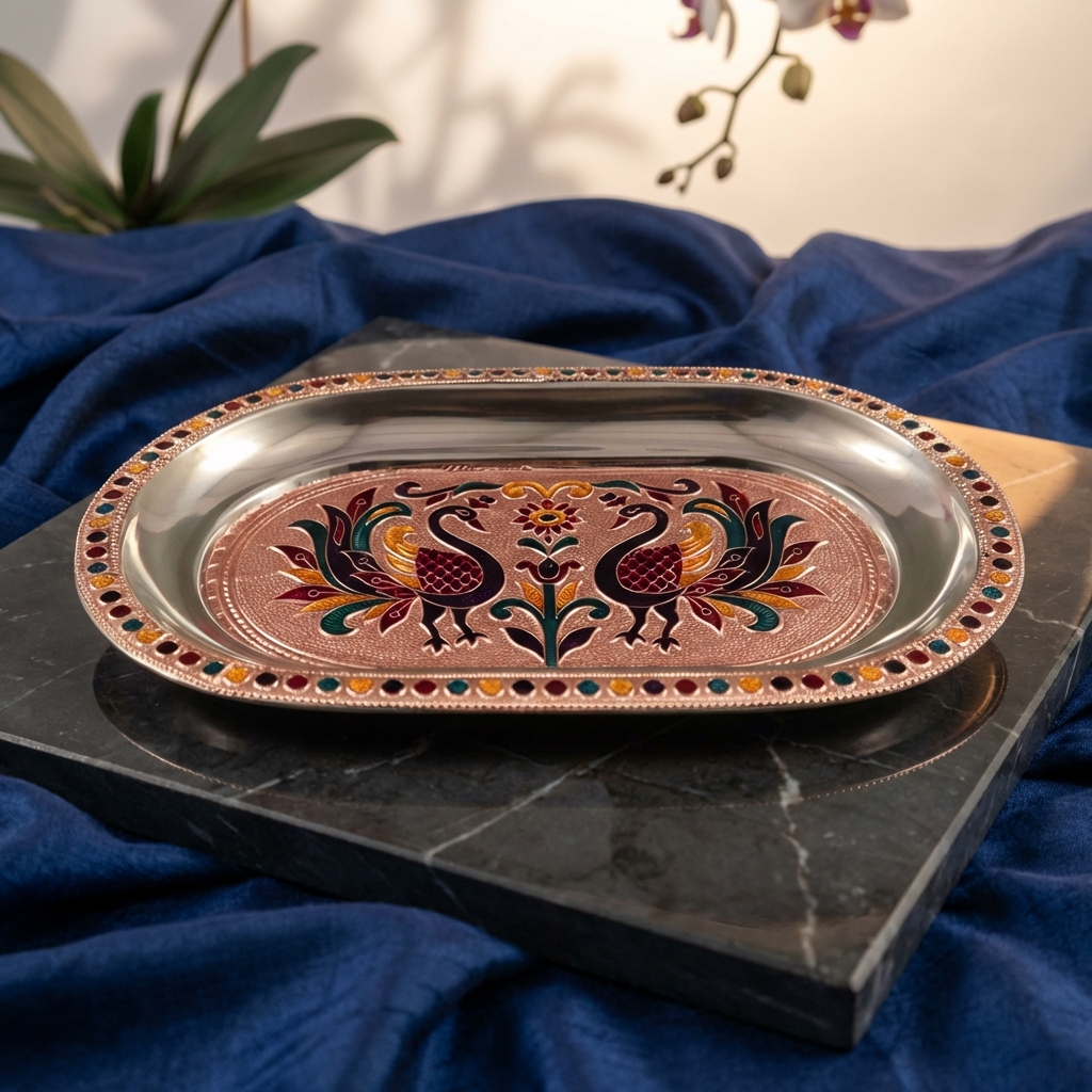 stainless steel tray with traditional meenakari design decorative tray india