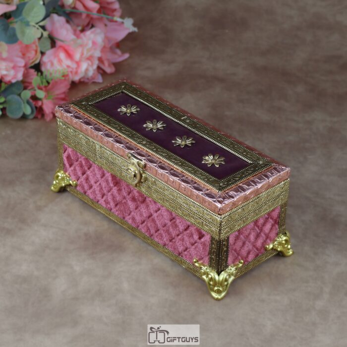 Premium Velvet-Finished Wooden Gift Box with 3 Oxidized Glass Jars – Traditional Designer Dry Fruit & Mouth Freshener Storage Trunk