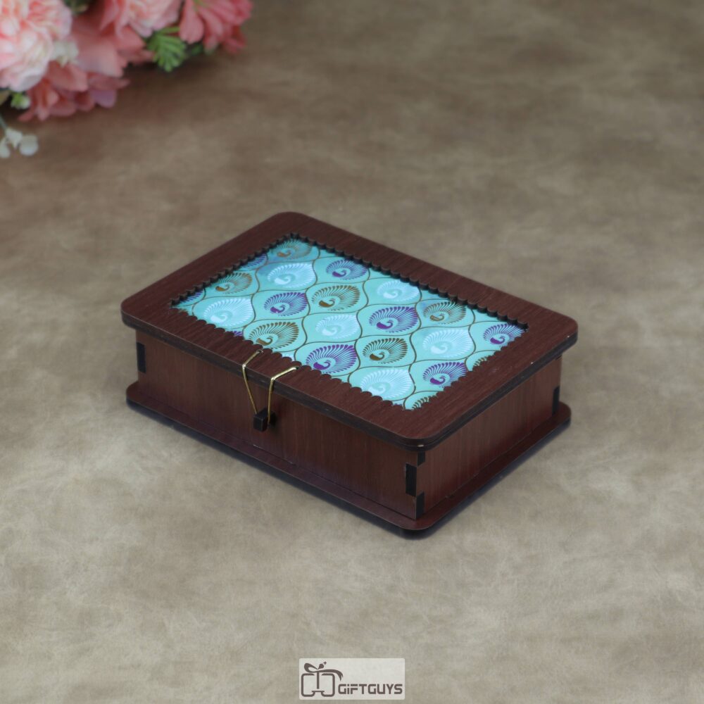 Premium handcrafted wooden MDF dry fruit box with peacock print lid – decorative utility box by Giftguys.in