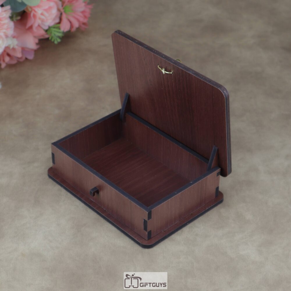 Turquoise peacock feather print lid on handmade wooden dry fruit box – multi-purpose storage case from Giftguys.in