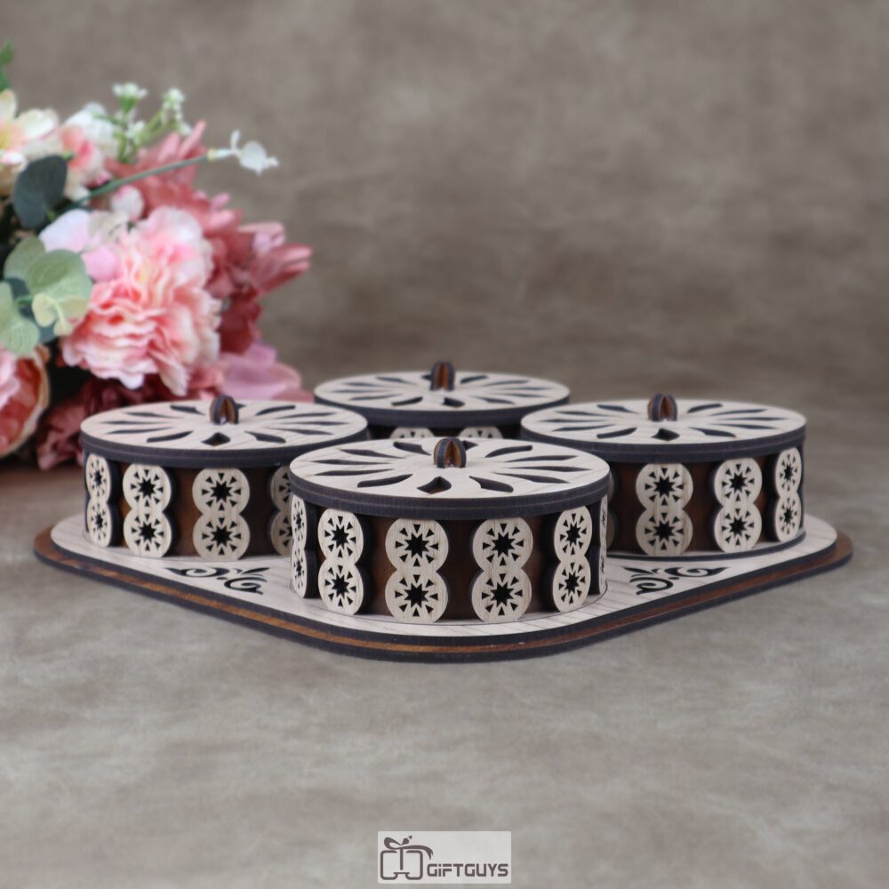 Close-up of intricate floral laser-cut lid on wooden dry fruit box – premium serving set by Giftguys.in