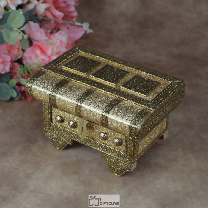 Handcrafted Golden Oxidized Wooden Jewelry Box – Traditional Antique Style Velvet Lined Sandook with Removable Tray and Mirror
